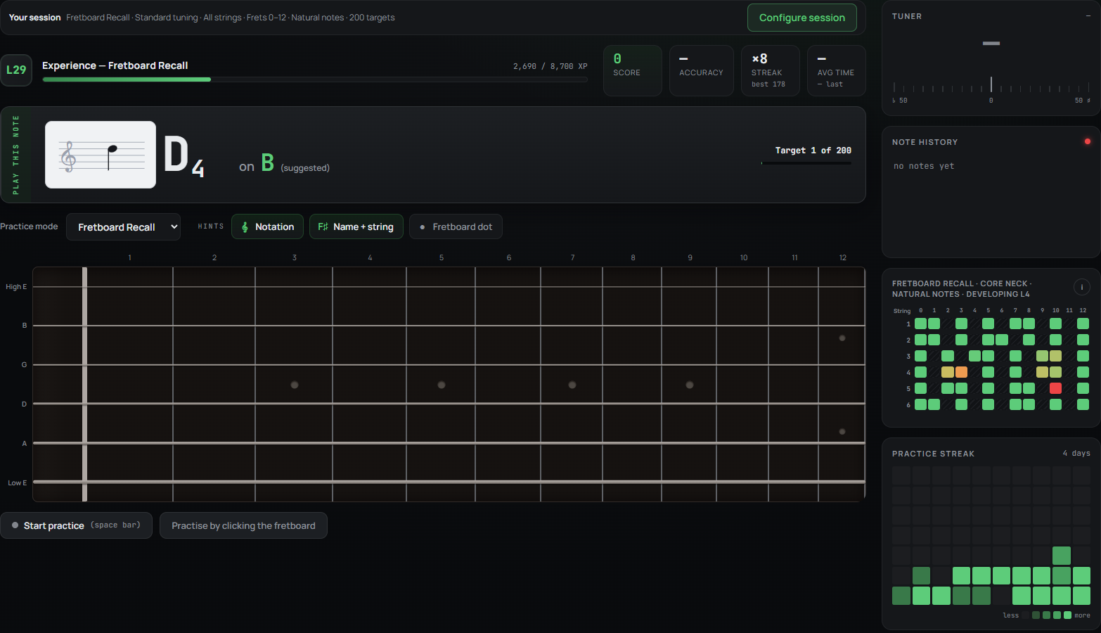 Fretboard Recall practice screen showing a target note without a marked answer.